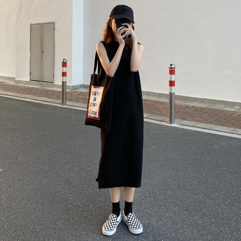 Đầm Dài Midi Dáng suông Cổ tròn Đen trơn Ulzzang Hàn Quốc Váy dài Midi không tay Thời trang