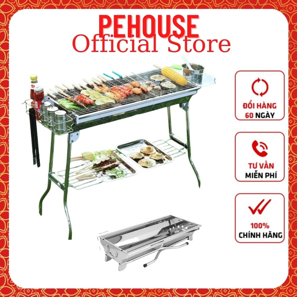 Bếp nướng BBQ ngoài trời dã ngoại nướng than hoa inox có thể gấp gọn chân cao xếp kèm phụ kiện