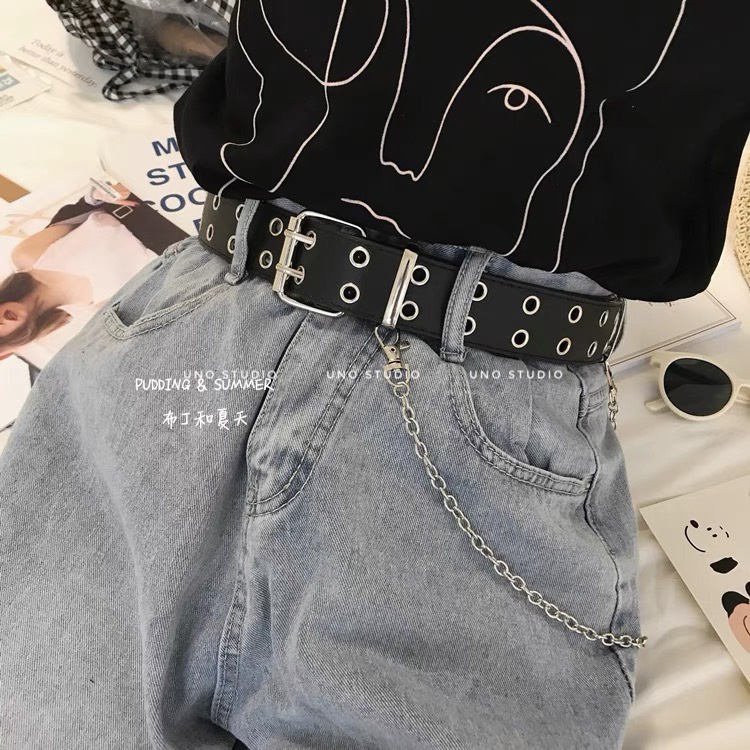 Belt 2 lỗ, thắt lưng dây nịt đục 2 lỗ ulzzang korea tặng kèm chain, ảnh thật