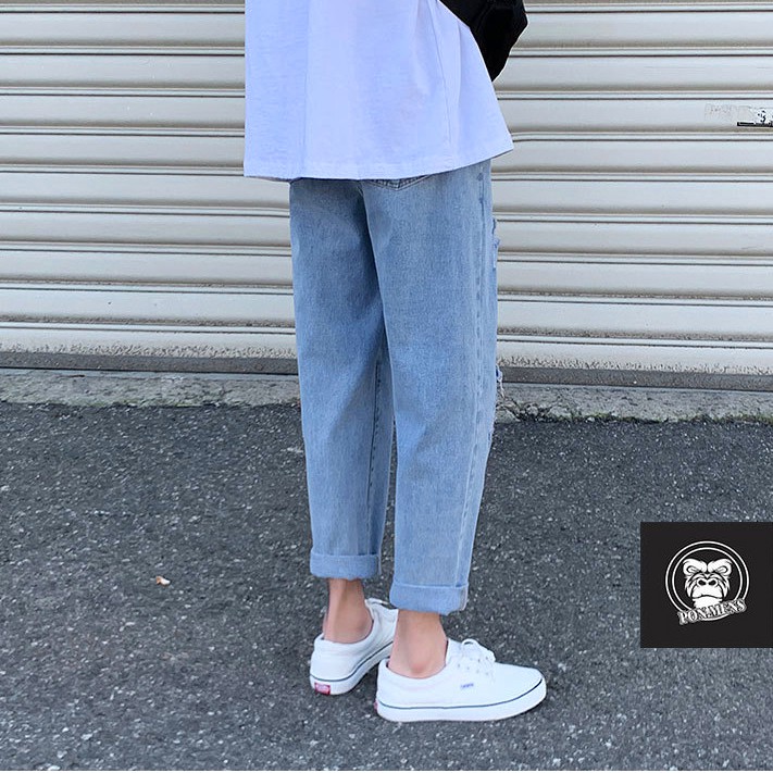Quần jean baggy nam nữ ống rộng rách màu xanh 242
