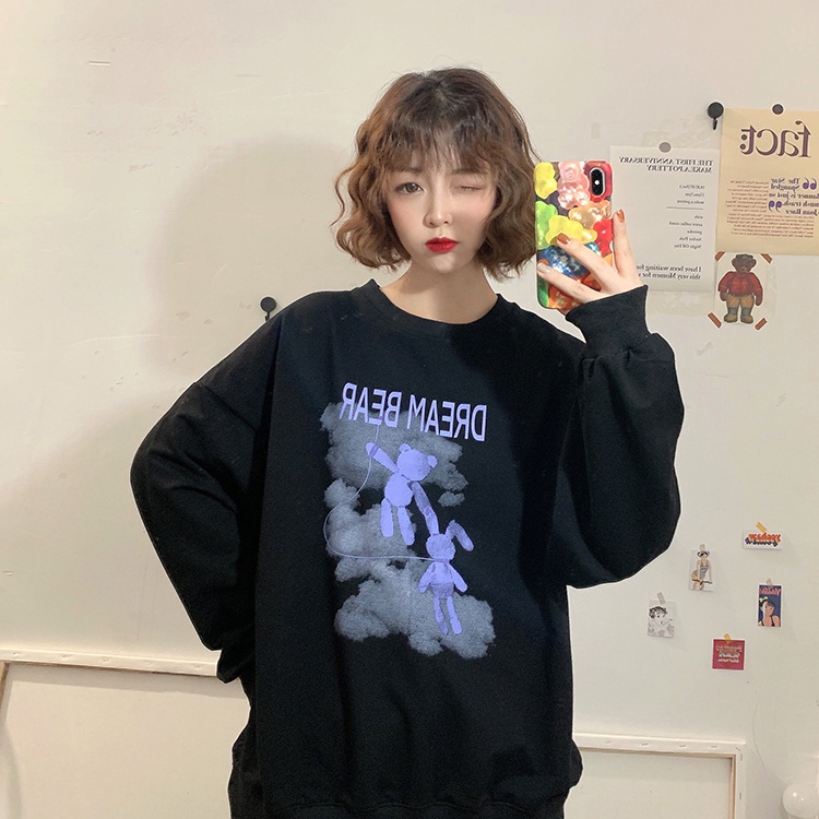 ZHELIHANGFEI Áo Sweater Dáng Rộng Họa Tiết Gấu Hoạt Hình Xinh Xắn