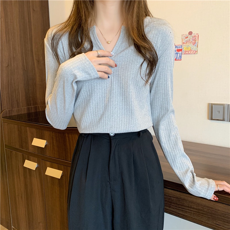 Áo SUXI tay dài cổ chữ V màu sắc đơn giản phong cách vintage