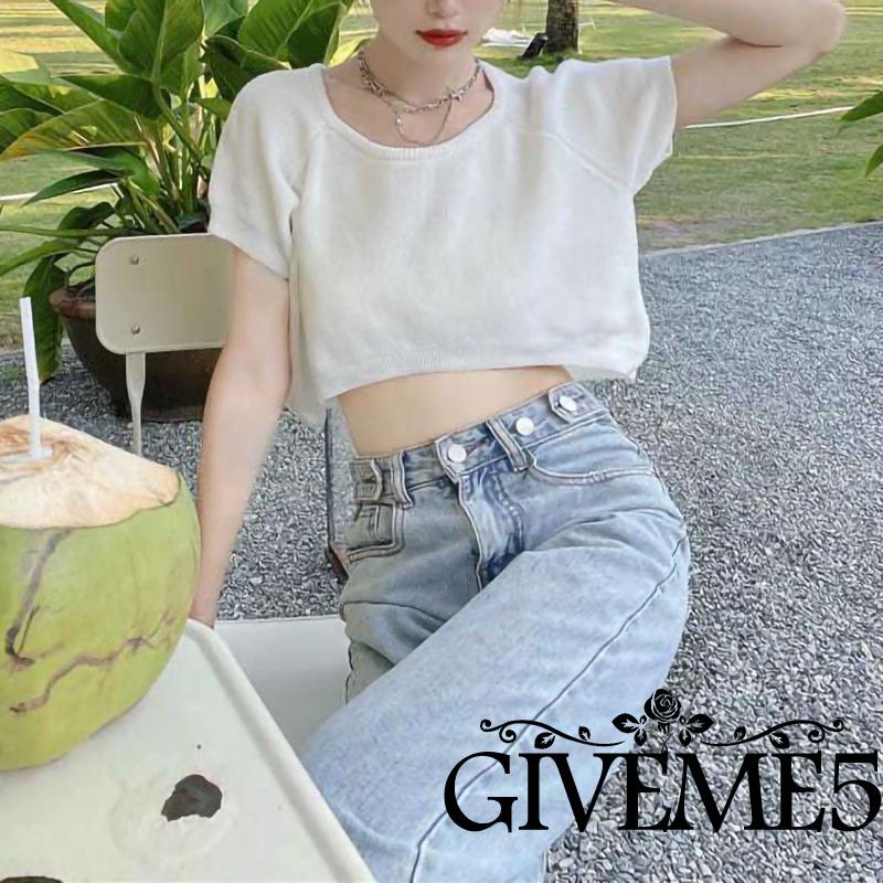 Áo Croptop Dệt Kim Tay Ngắn Cổ Tròn Màu Trơn Dáng Rộng Thời Trang Cho Nữ