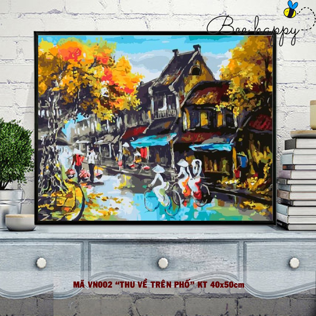 Tranh sơn dầu số hóa tự tô màu phong cảnh Việt Nam - Mã VN002 Thu về trên phố cổ Hà Nội