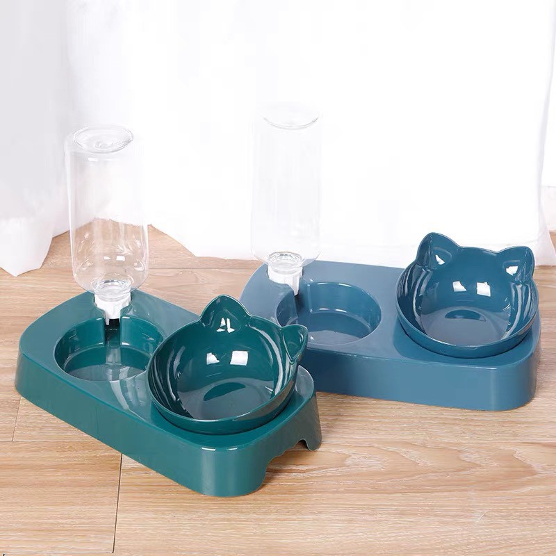 Bát ăn đôi hình tai mèo chống gù + bình nước tự động cao cấp dành cho chó mèo