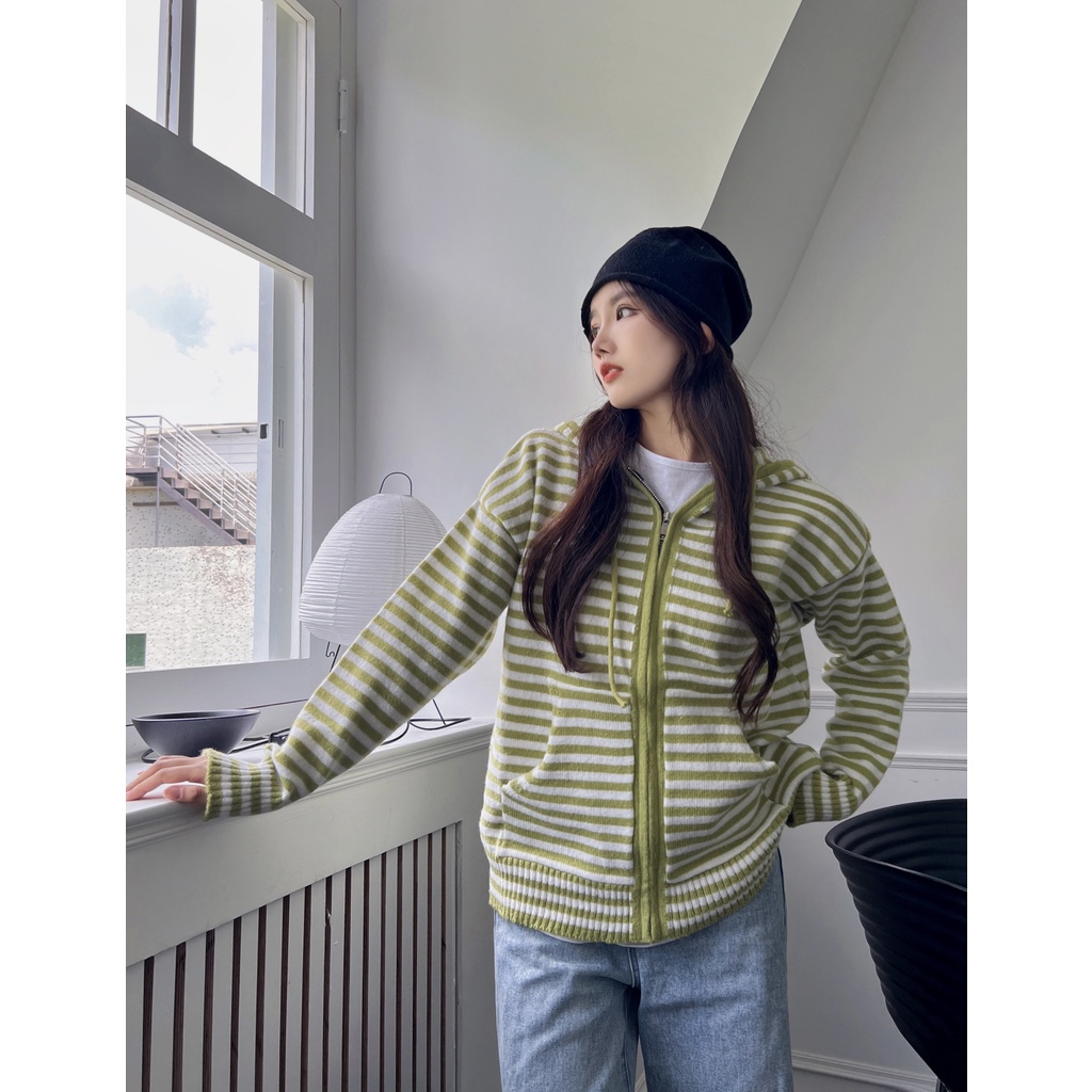 DUNEA Áo Khoác Cardigan Có Nón Họa Tiết Kẻ Sọc Màu Tương Phản Cho Nữ