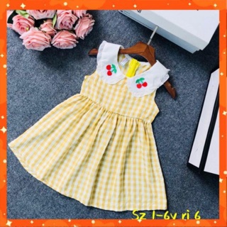 ☄️☄️ XẢ KHO☄️☄️ Váy thô kẻ caro sát nách thêu hoạ tiết quả cherry xinh xắn