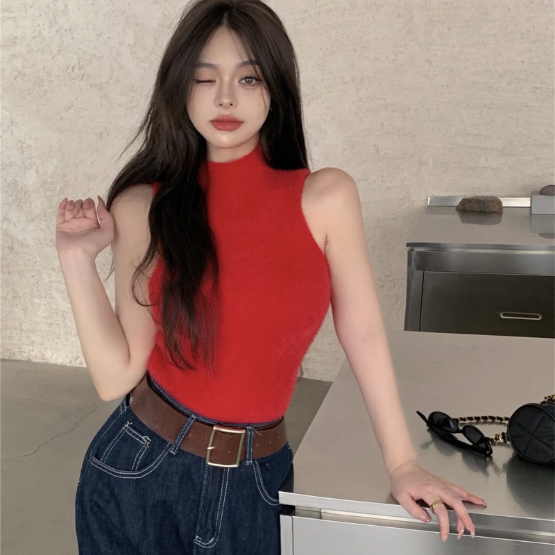 Áo Dệt Kim Sát Nách Cổ Cao Thời Trang Mùa Thu Quyến Rũ