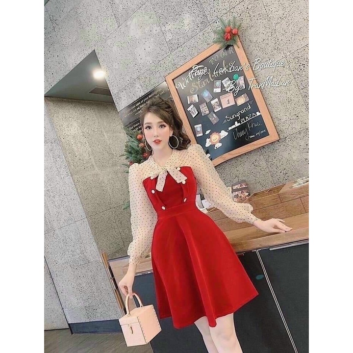 đầm tay lưới chấm bi kết nơ cổ siêu xinh thích hợp cho các buổi tiệc