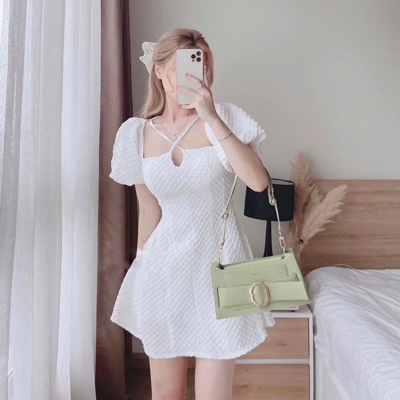 Đầm cổ vuông dạo phố dự tiệc tay phồng gấm ô vuông 2 lớp