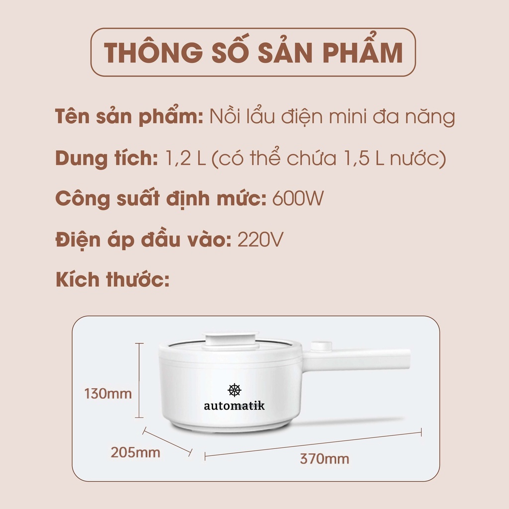 Nồi Lẩu Điện Mini Đa Năng 1.2L, Ca Nấu Mì, Ca Lẩu Mini 2 Tầng 2 Nấc Nhiệt + Tặng Miếng Gỗ Lót Nồi - Automatik