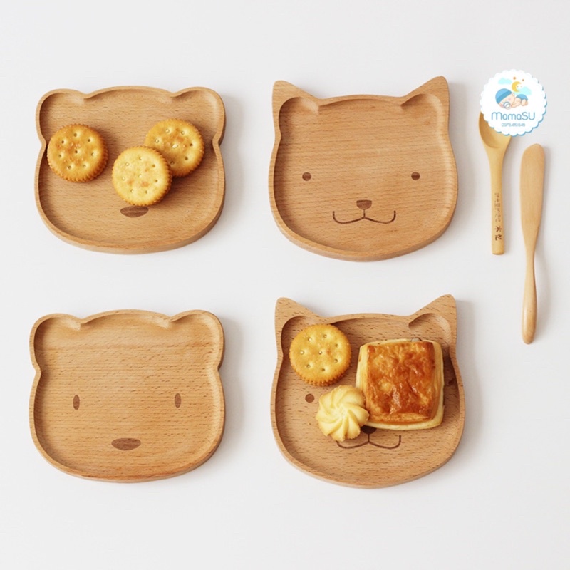 Khay gỗ sồi decor đựng đồ ăn dặm cho bé hình con vật gấu mèo thỏ