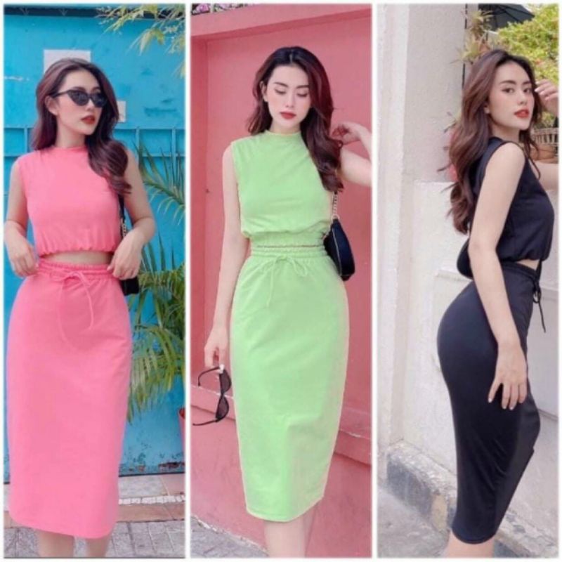 Set Thun Áo Sát Nách Cổ Lọ Và Chân Váy Bút Chì Dáng Dài Form Ôm Body Sexy