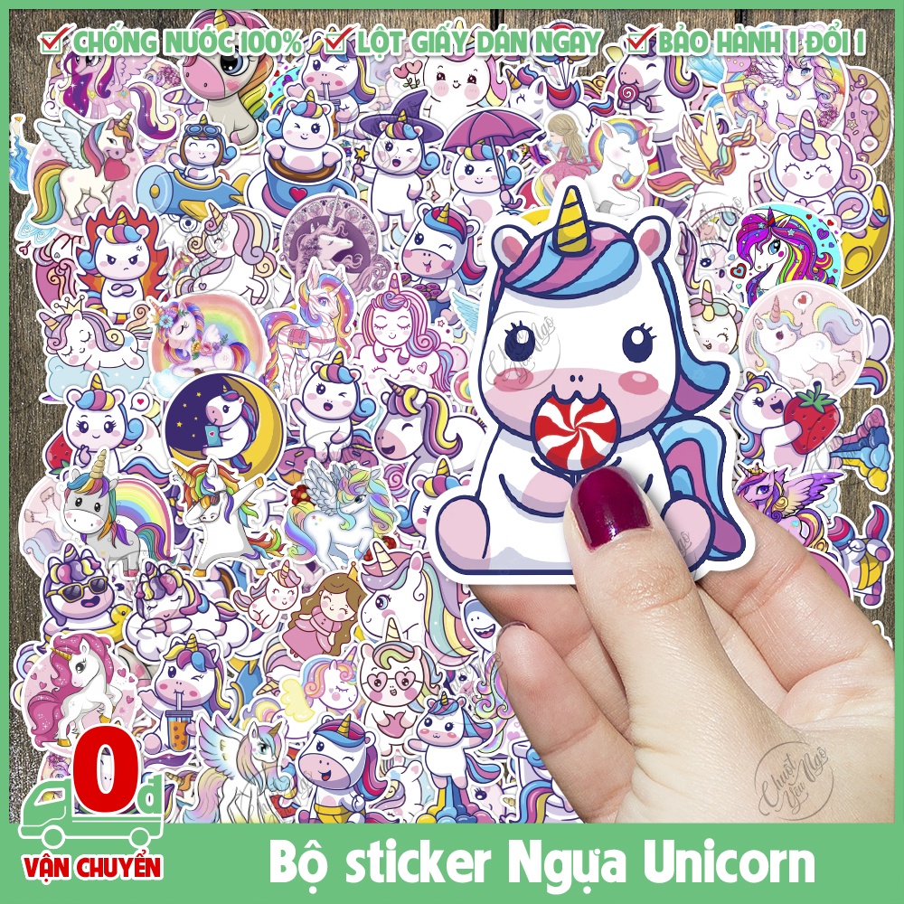 Combo 15/45/90 sticker ngựa unicorn pony kỳ lân 1 sừng dễ thương hình dán trang trí nón bảo hiểm xe máy laptop đồ chơi t