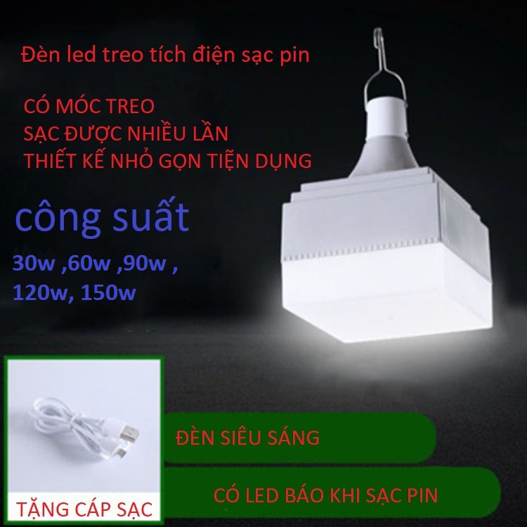 Đèn led vuông sạc tích điện 6-8h - 30w,,60w,,90w,,120w,,150w có móc treo hàng chính hãng (đèn vuông )