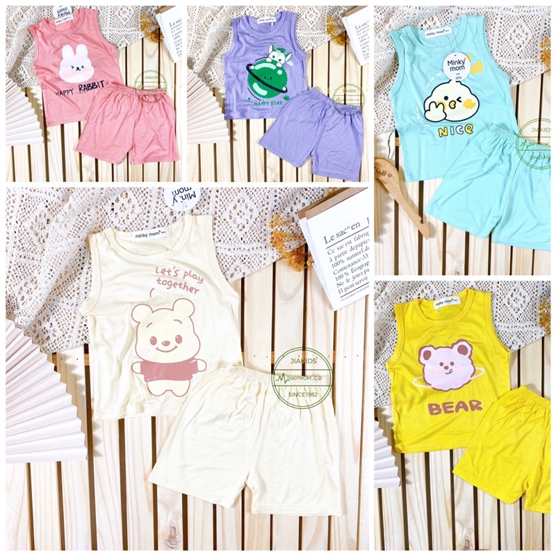BLIN14 Bộ Ba Lỗ Quần Ngắn Thun minkymom In Hình Thú Cute Cho Bé 8kg Đến 26kg