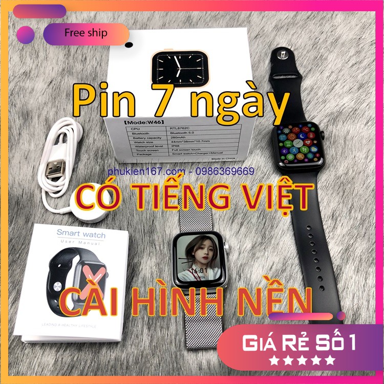 [Smart Watch W46] Đồng hồ thông minh w46 Seri 6 - Thay hình nền cá nhân - Pin 5 ngày - Có tiếng việt - Theo dõi sức khỏe