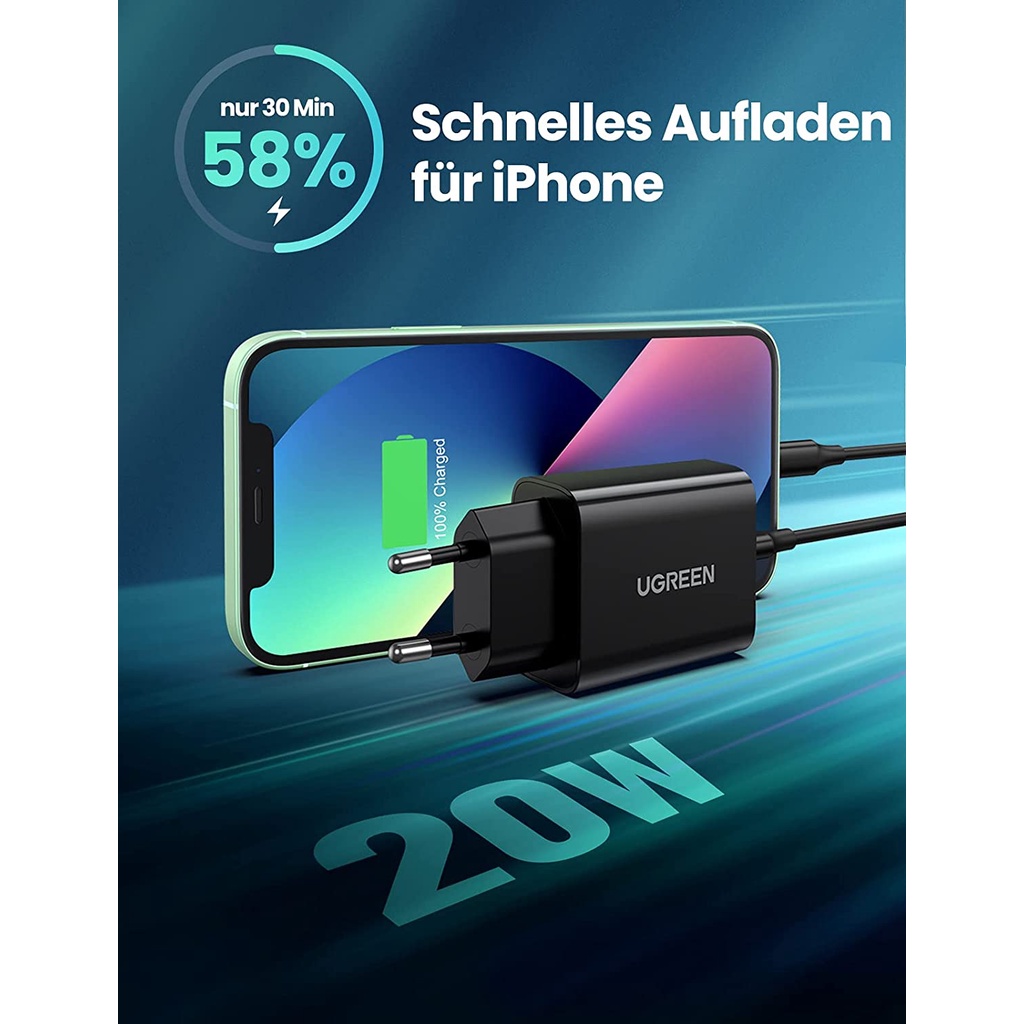 Củ sạc nhanh 20W UGREEN 10191 USB-C chuẩn Châu Âu - Hàng phân phối chính hãng