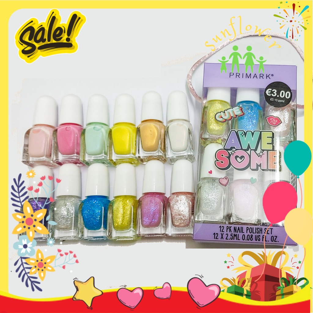 Set sơn móng tay cho bé gái Primark 12 màu Cute Awe Some màu nhũ của Pháp