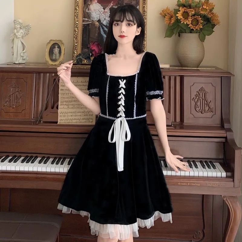 Đầm Nữ Phối Ren Sang Trọng Phong Cách Retro Hàn Quốc