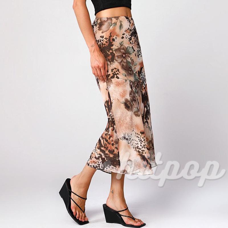 Hitpop-Women Fashion Mid-Length Skirt Leopard Floral Print Elastic Waist Skirt Summer Casual Chic Pencil Skirt