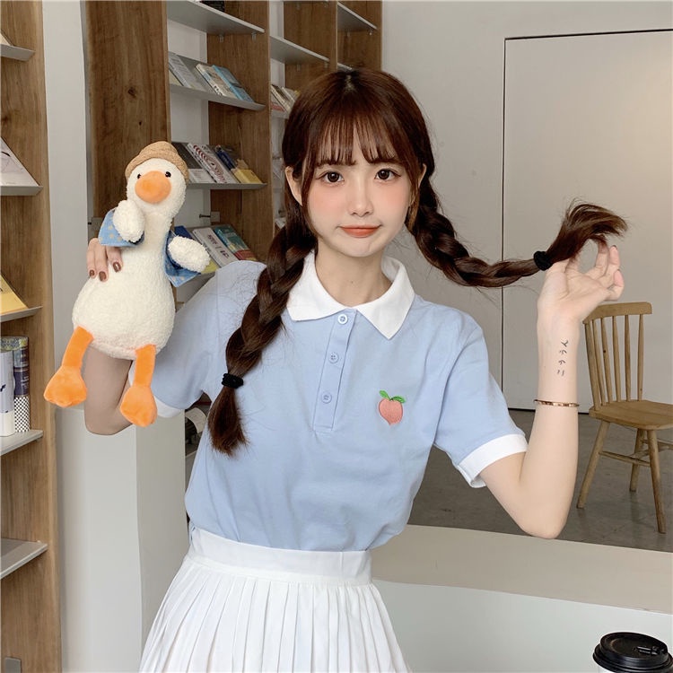 Dễ Thương áo polo Ngắn Tay Thêu Họa Tiết Trái Đào Xinh Xắn Dành Cho Nữ