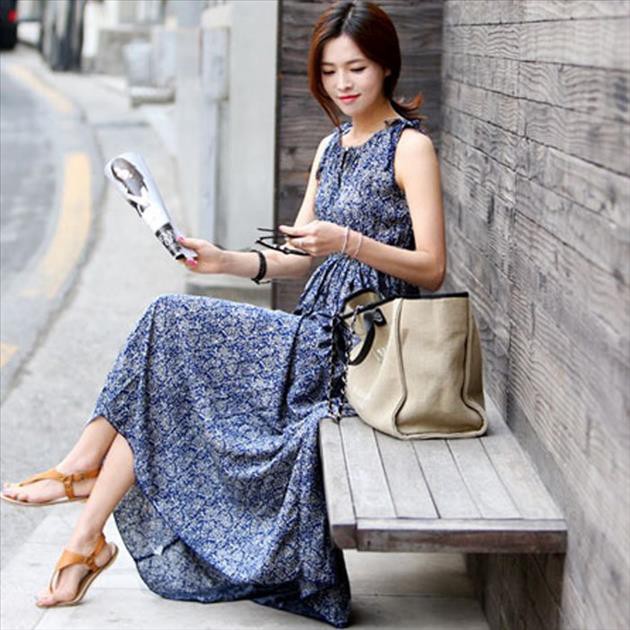 FREESHIP ĐƠN 99K_ Đầm dài xanh in hoa kiểu retro