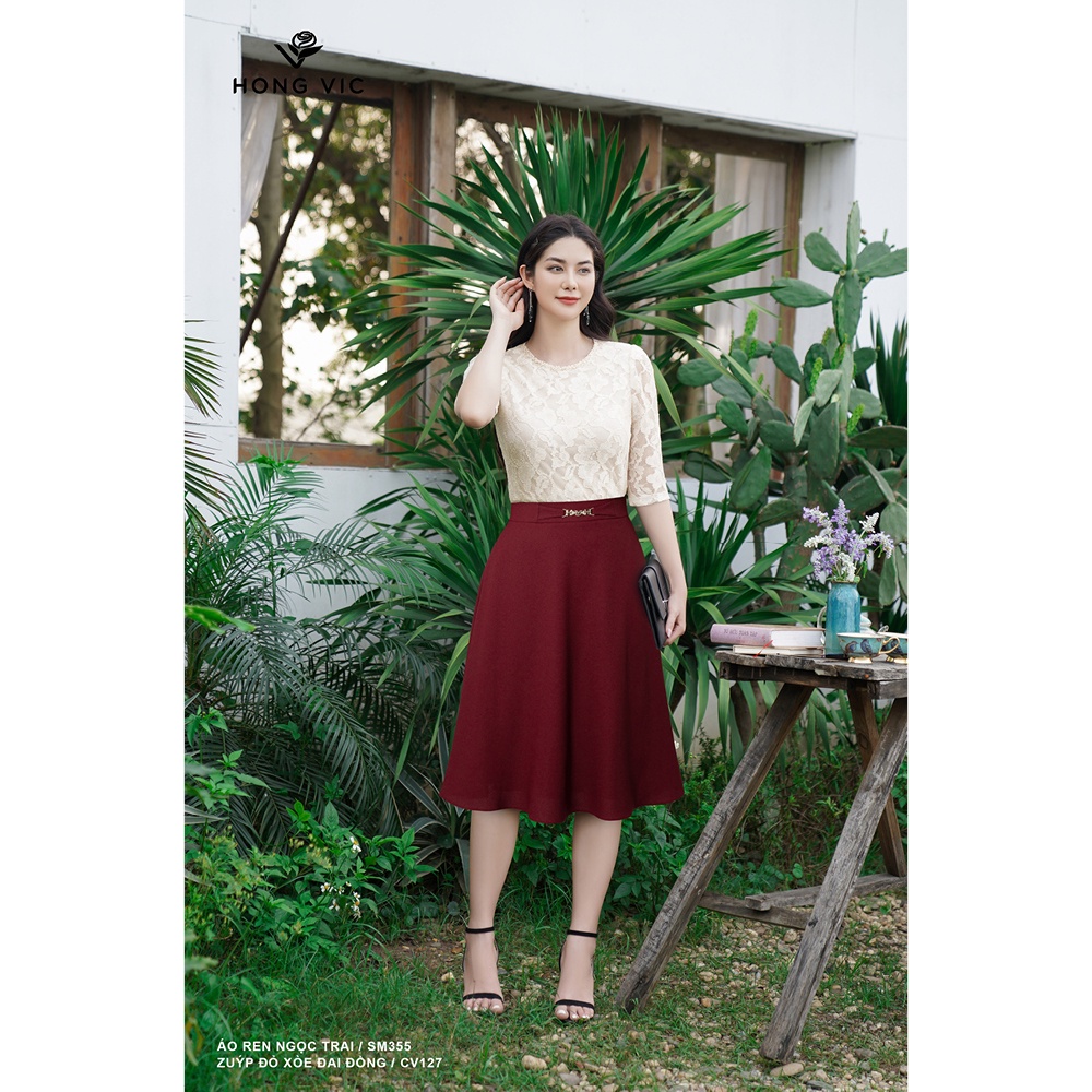 Chân váy nữ thiết kế Hong Vic đỏ xòe đai đồng CV127