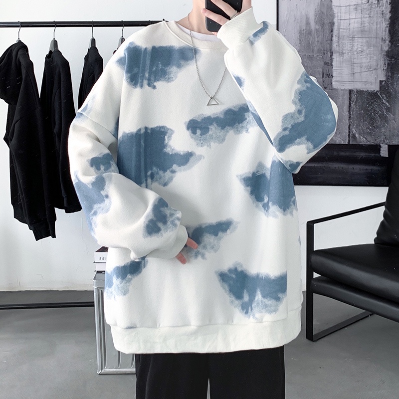 Áo Sweater Tay Dài Cổ Tròn In Họa Tiết Đám Mây Phong Cách Hồng Kông Thời Trang Thu Đông Mới Cho Nam