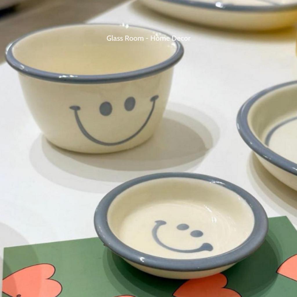 Set cốc, dĩa, tô gốm Smiley Grey Hand Paint Set