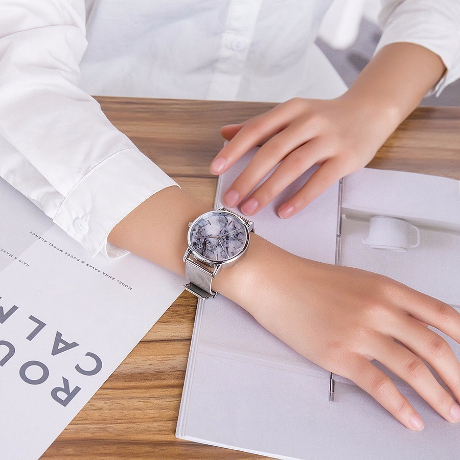 Đồng hồ nữ dây bạc mặt đá cẩm thạch phong cách thời trang