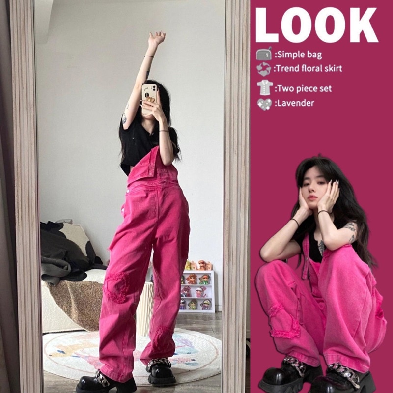 Yếm quần jeans màu hồng cá tính