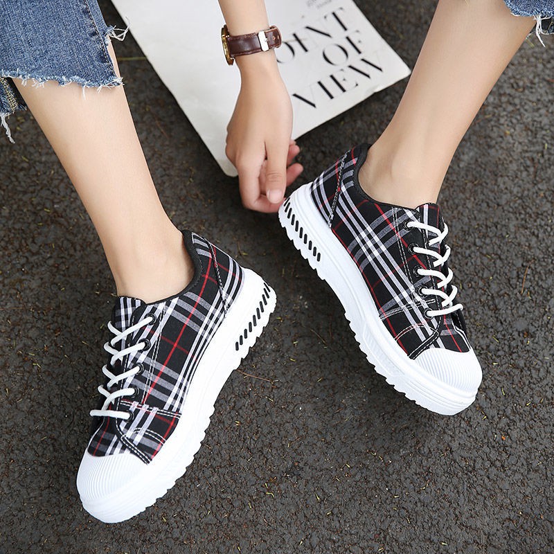 Giày Chạy Bộ Vải Canvas Thắt Dây Sọc Ca Rô Phong Cách Harajuku 2021 | BigBuy360 - bigbuy360.vn