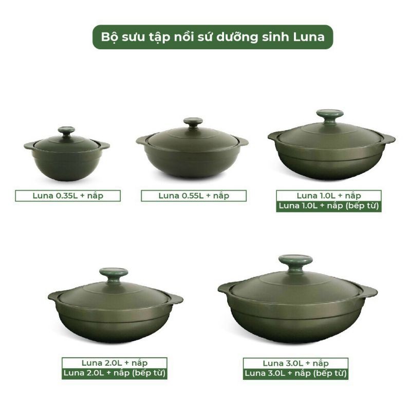 Nồi Sứ Dưỡng Sinh Minh Long Luna 1.0L Có Nắp, Tráng Men Sứ Xanh Rêu Dùng Kho Cá, Hầm Cháo