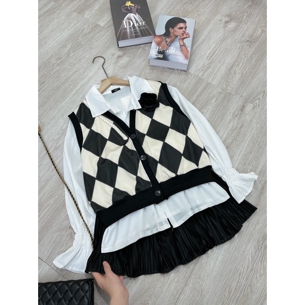 Set Áo Sơ Mi Phối Gile Quả Trám Chân Váy Xoè Cực Tiểu Thư Vintage