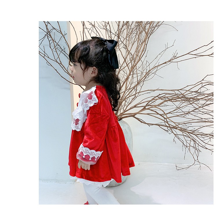 Váy đỏ Nhung pha ren ngọt ngào phong cách công chúa vintage xin xò cho bé , váy nhung lót lông cực ấm bé gái