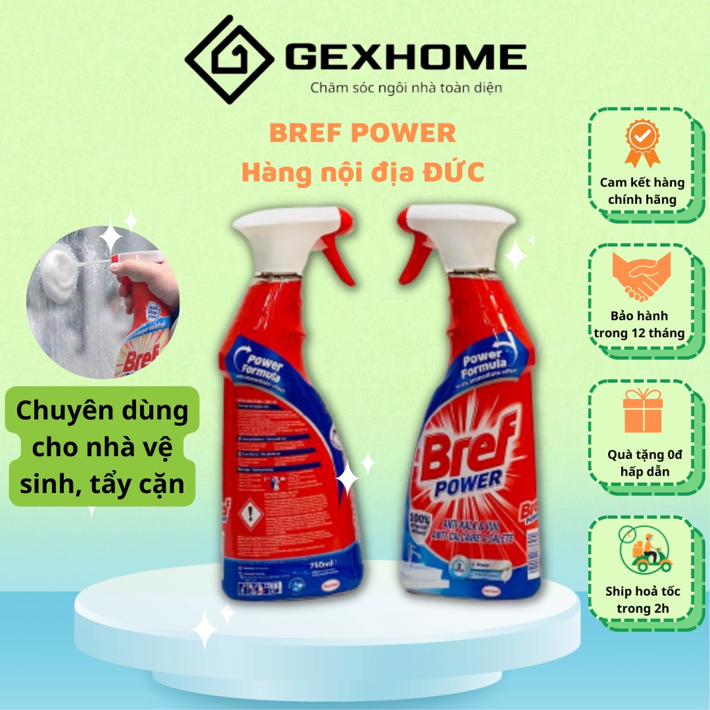 Chai xịt tẩy cặn canxi trên vòi sen, inox, vách kính Bref Power Kalk &amp; Schumtz 750ml