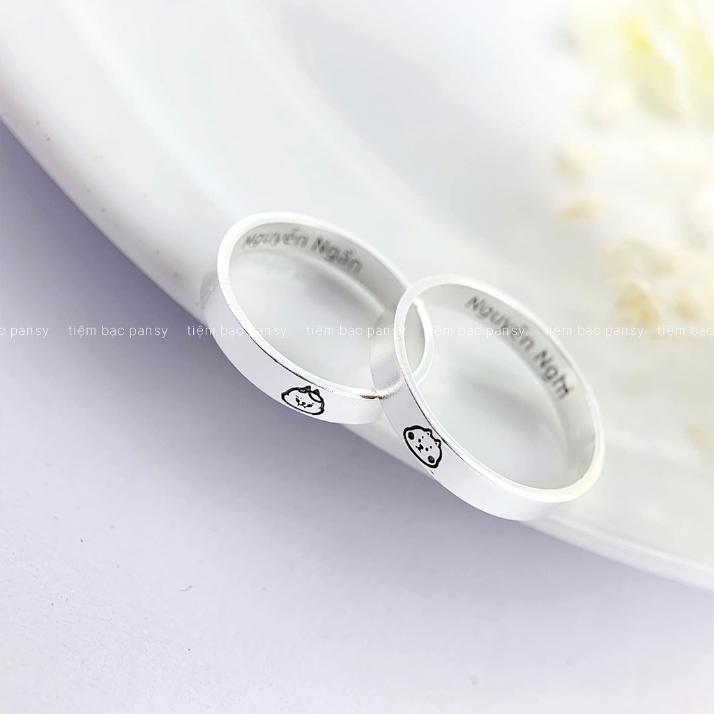 Nhẫn đôi bạc nam nữ hình gấu PANSY miễn phí khắc tên, nhẫn cặp đôi uyên ương bằng bạc ta cao cấp