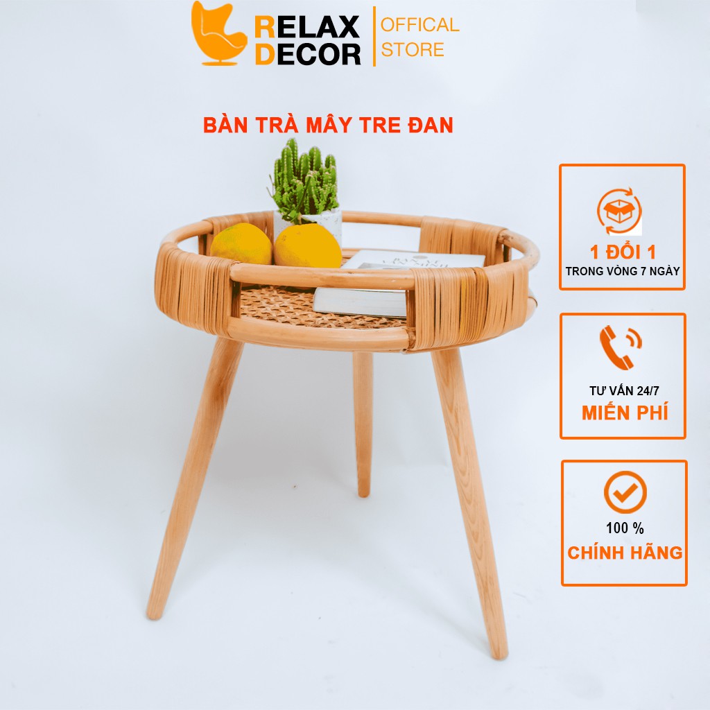 Bàn Trà Mây Mắt Cáo Chân Gỗ Feny Relax Decor Trang Trí Nhà Cửa Cafe Home Stay Kiểu Dáng Vitage