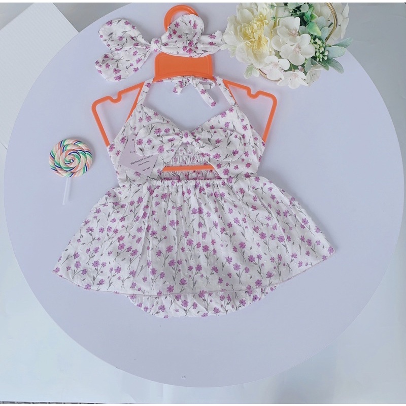 Body hai dây nơ ngực hoa tím xinh xắn cho bé yêu