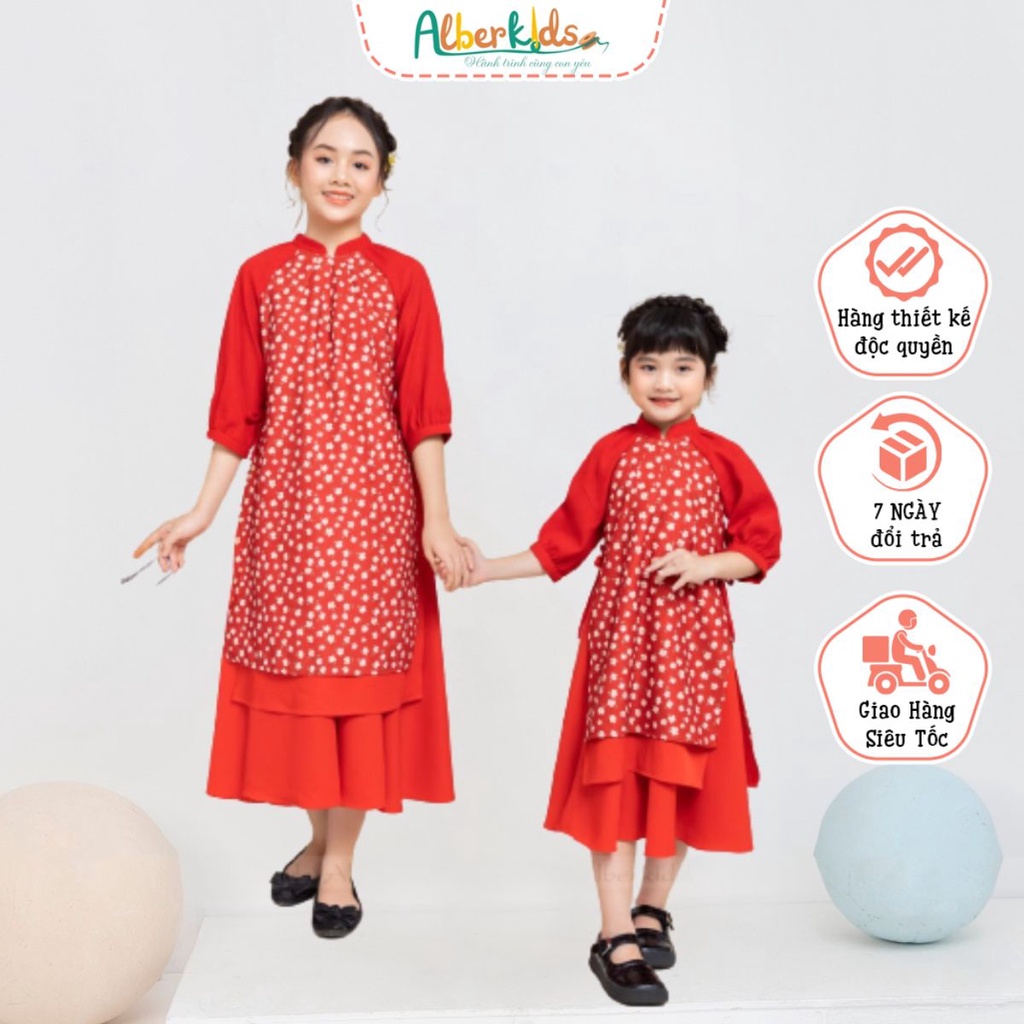 Áo dài họa tiết hoa phối chân váy cho mẹ và bé gái ALBERKIDS cho trẻ em 4,5,6,7,8,9,10,11,12,13,14,15 tuổi [AD01]