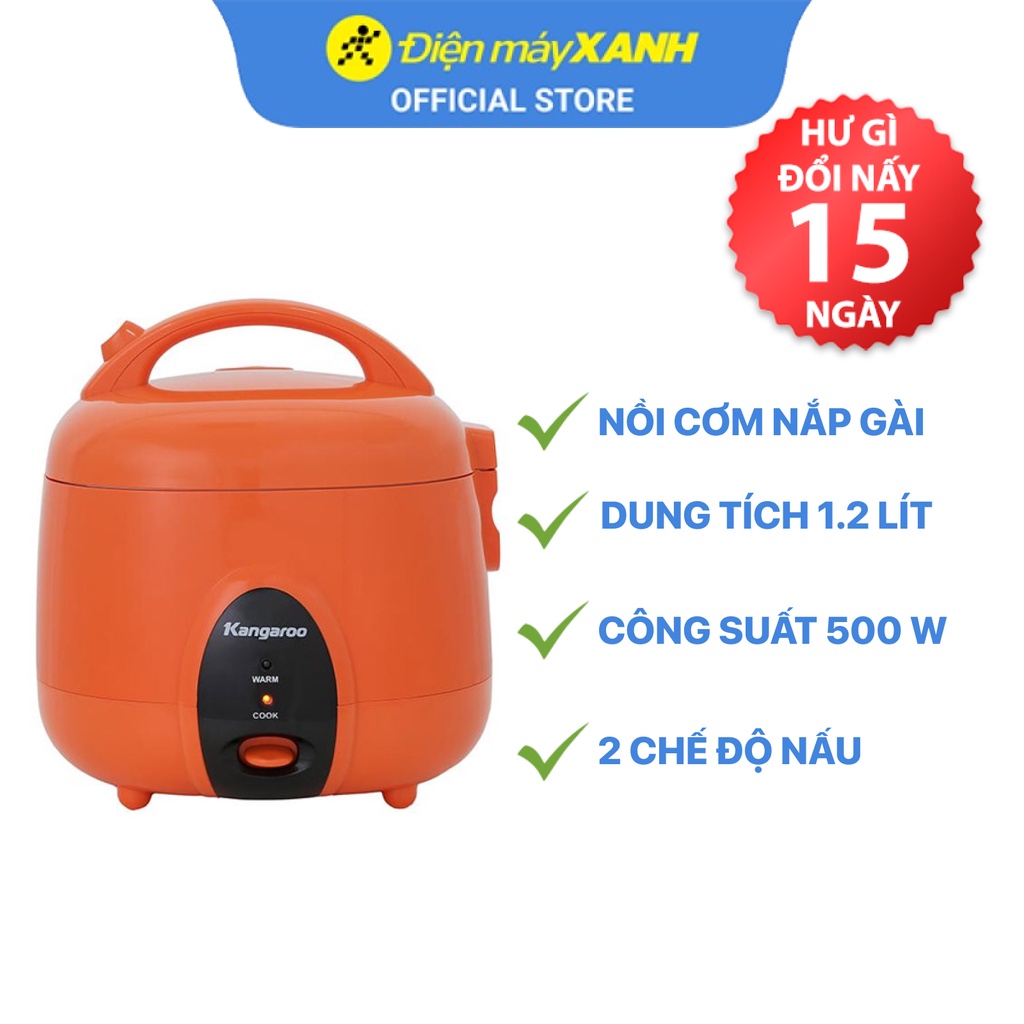 Nồi cơm điện nắp gài Kangaroo KG826S 1.2 lít  500 W lòng nồi chống dính - Chính hãng BH 12 tháng