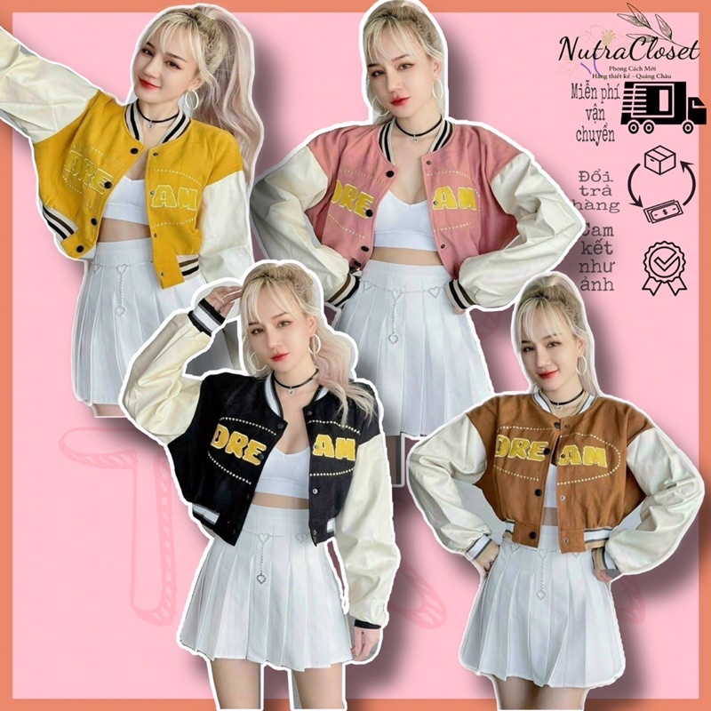 Áo khoác bomber bóng chày lửng croptop da lộn 2 lớp thêu dream unisex ulzzang nam nữ
