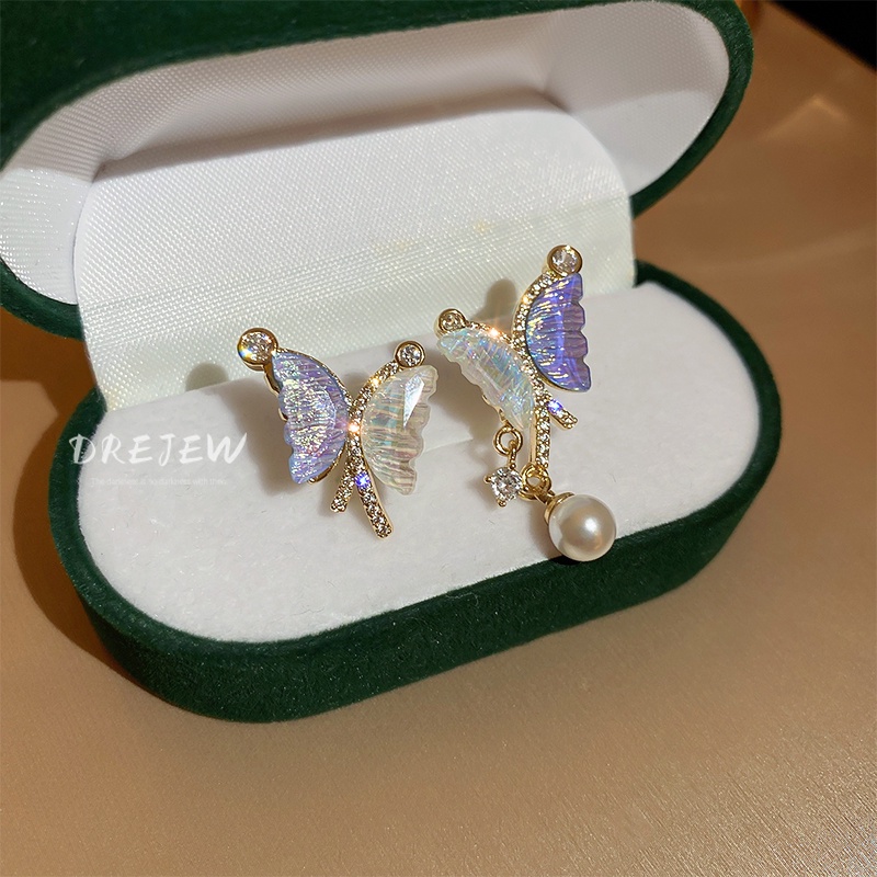 DREJEW Bông Tai Bạc Hình Bướm Đính Ngọc Trai Sang Trọng Thời Trang Phong Cách Pháp 1