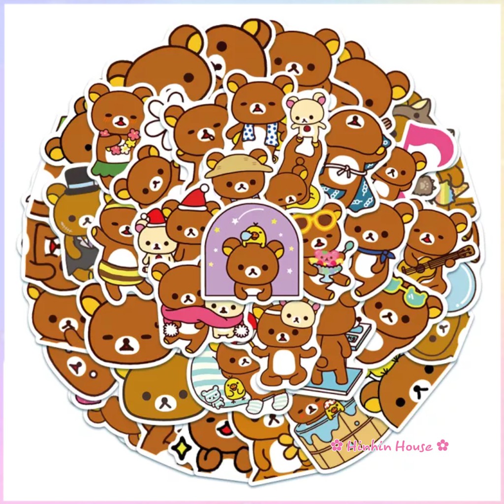 Set 50 Sticker PVC Chống Thấm Nước Chủ Đề Gấu Rilakkuma Cute Dán Vali, Mũ Bảo Hiểm, Laptop, Guitar, Ván Trượt, Bình Nước