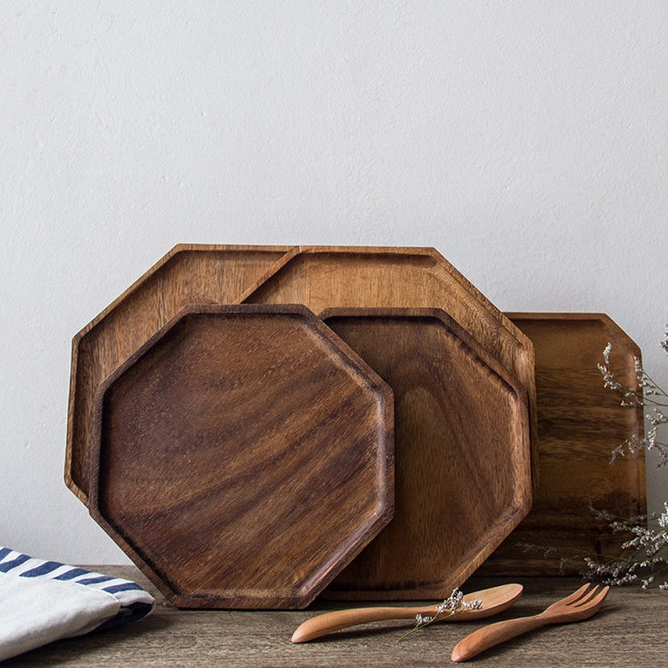 Dĩa gỗ cây Keo Bát giác đều (20cm / 25cm)