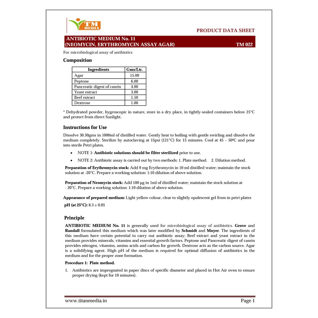 Môi trường ANTIBIOTIC ASSAY MEDIUM NO. 11 (NEOMYCIN, ERYTHROMYCIN ASSAY AGAR) TM 022 TITAN BIOTECH