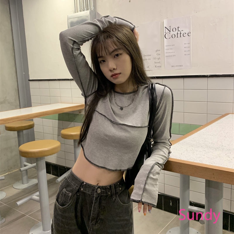 Áo Croptop Tay Dài Lệch Tà Quyến Rũ Thời Trang Phong Cách Hàn Quốc Cho Nữ