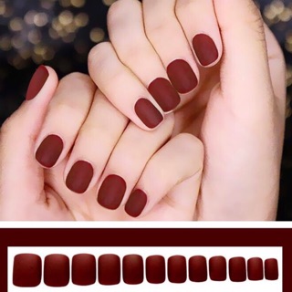 Bộ 24 móng tay giả nhám nâu đỏ vuông ngắn