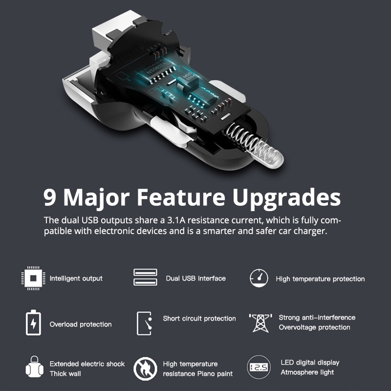 Tẩu Sạc Điện Thoại Nhanh 2 Cổng USB 3.1A Tích Hợp Màn Hình LED Cho Xe Hơi